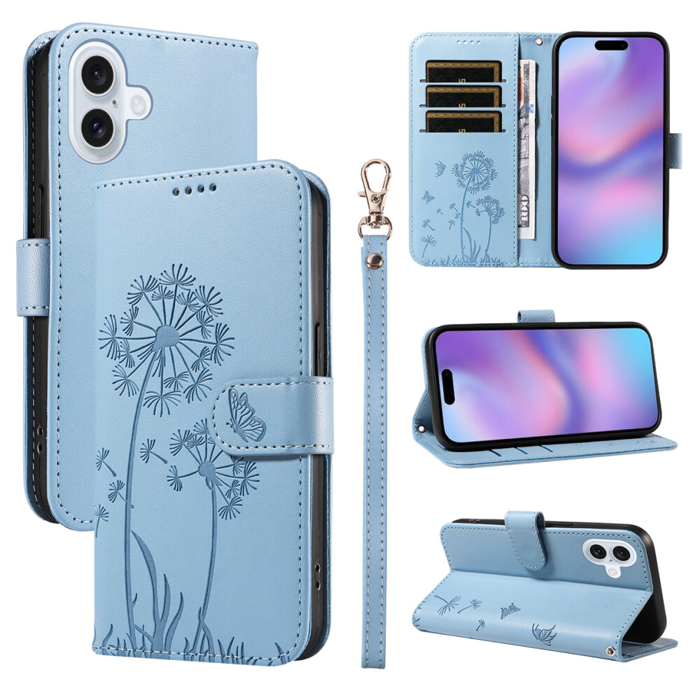 (Iphone 17, Sky ) For Iphone 17 Leather Wallet Case With Strap Dandelion Imprint Phone Stand Cover Blue 6914283850259
