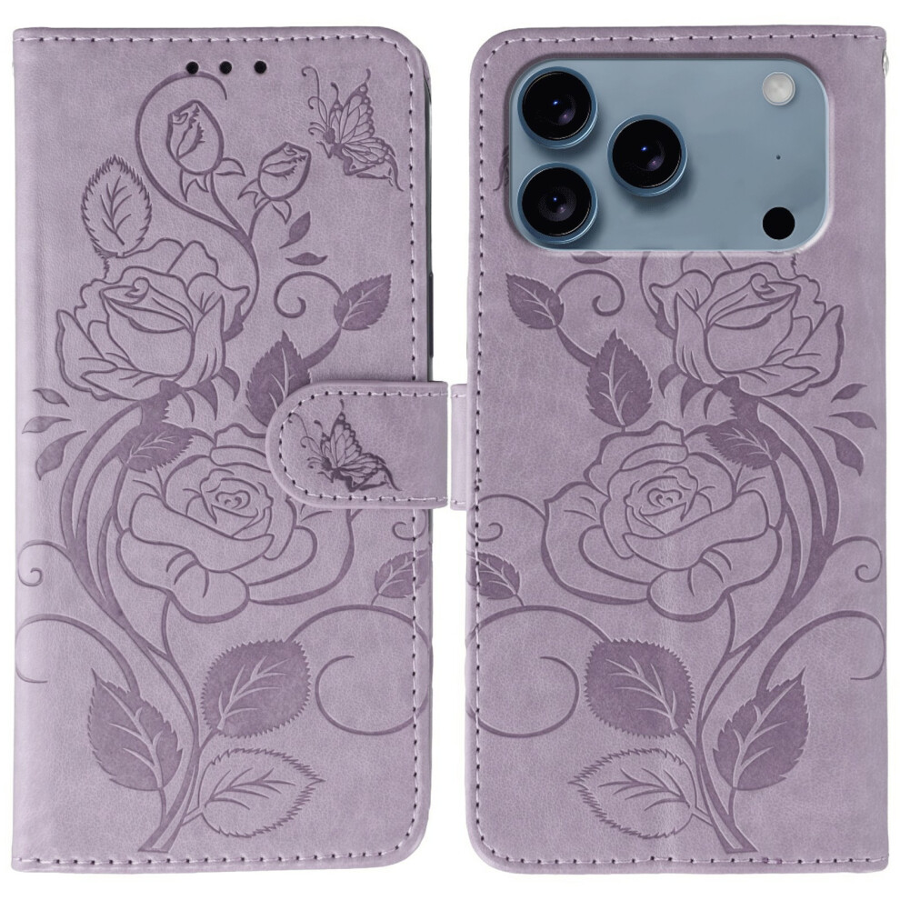 (Iphone 17 Pro, ) For Iphone 17 Pro Case Wallet Stand Imprinted Rose Butterfly Pu Leather Phone Cover Purple 6914287276833