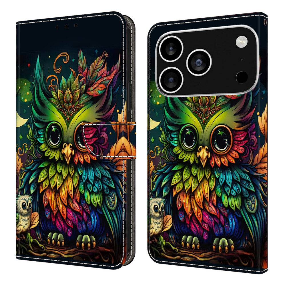 (Iphone 17 Pro, Colorful Owl) For Iphone 17 Pro Case With Card Slot Pattern Printed Tpu+Pu Leather Flip Phone Cover 6914285356742