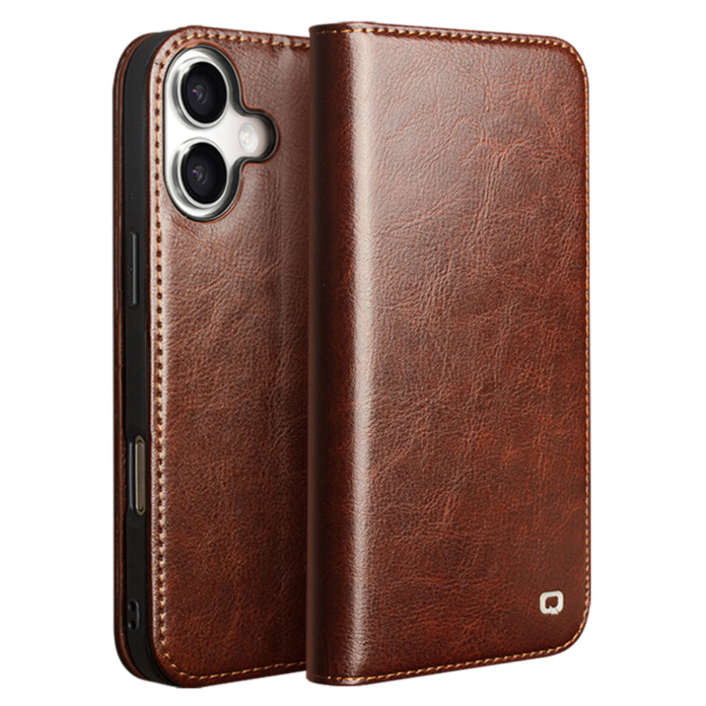 (Iphone 17, ) Qialino For Iphone 17 Case Wallet Stand Genuine Cow Leather Phone Cover Brown 6914287451087