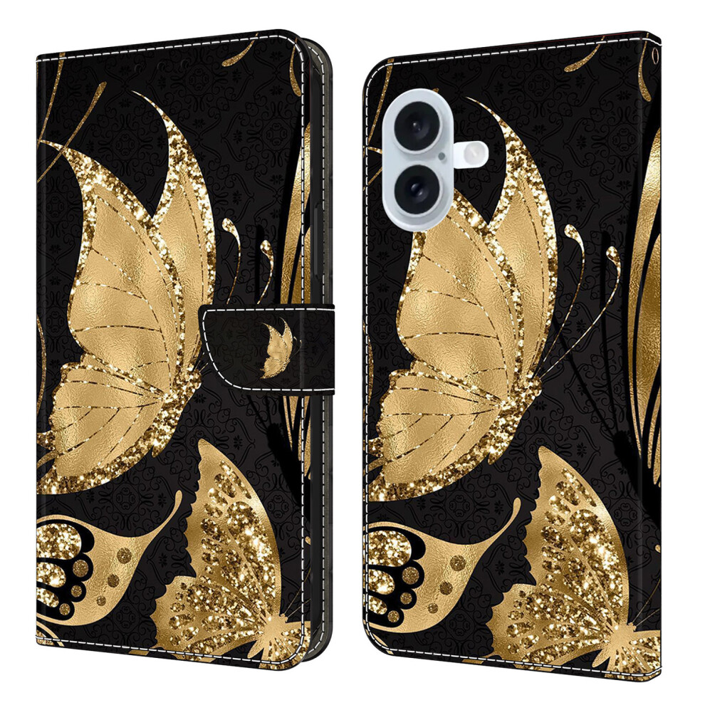 (Iphone 17, Butterfly) For Iphone 17 Case Magnetic Clasp 3D Pattern Leather Wallet Phone Cover Golden 6914286868046