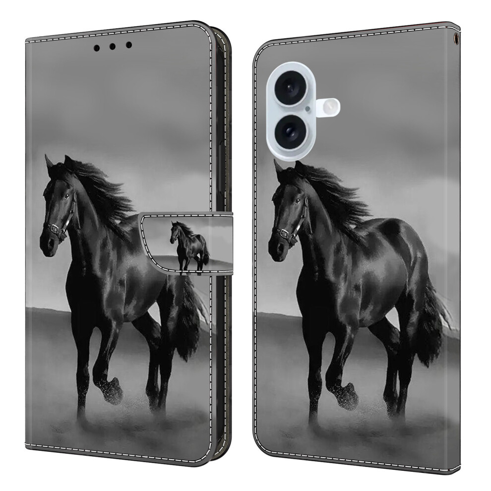 (Iphone 17, Horse) For Iphone 17 Case Magnetic Clasp 3D Pattern Leather Wallet Phone Cover Black 6914281054543