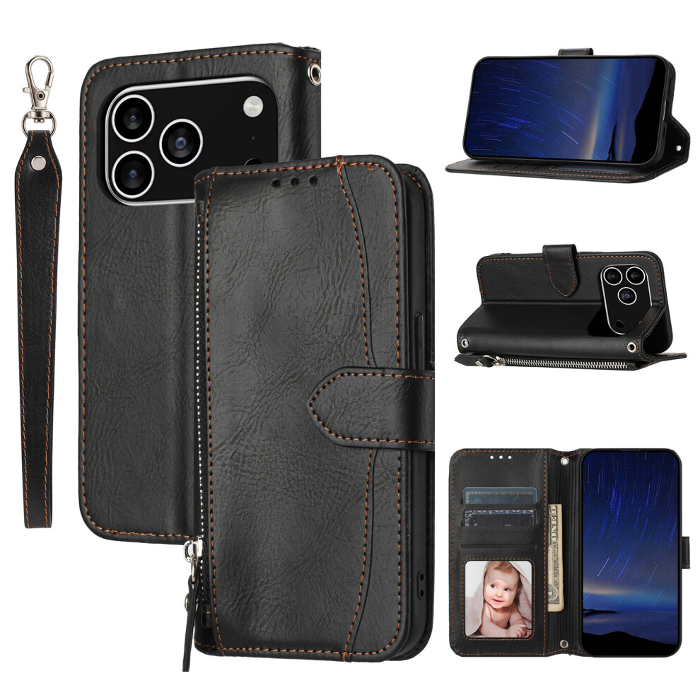 (Iphone 17 Pro, ) For Iphone 17 Pro Case Zipper Pocket Wallet Leather Phone Cover With Wrist Strap Black 6914280747996