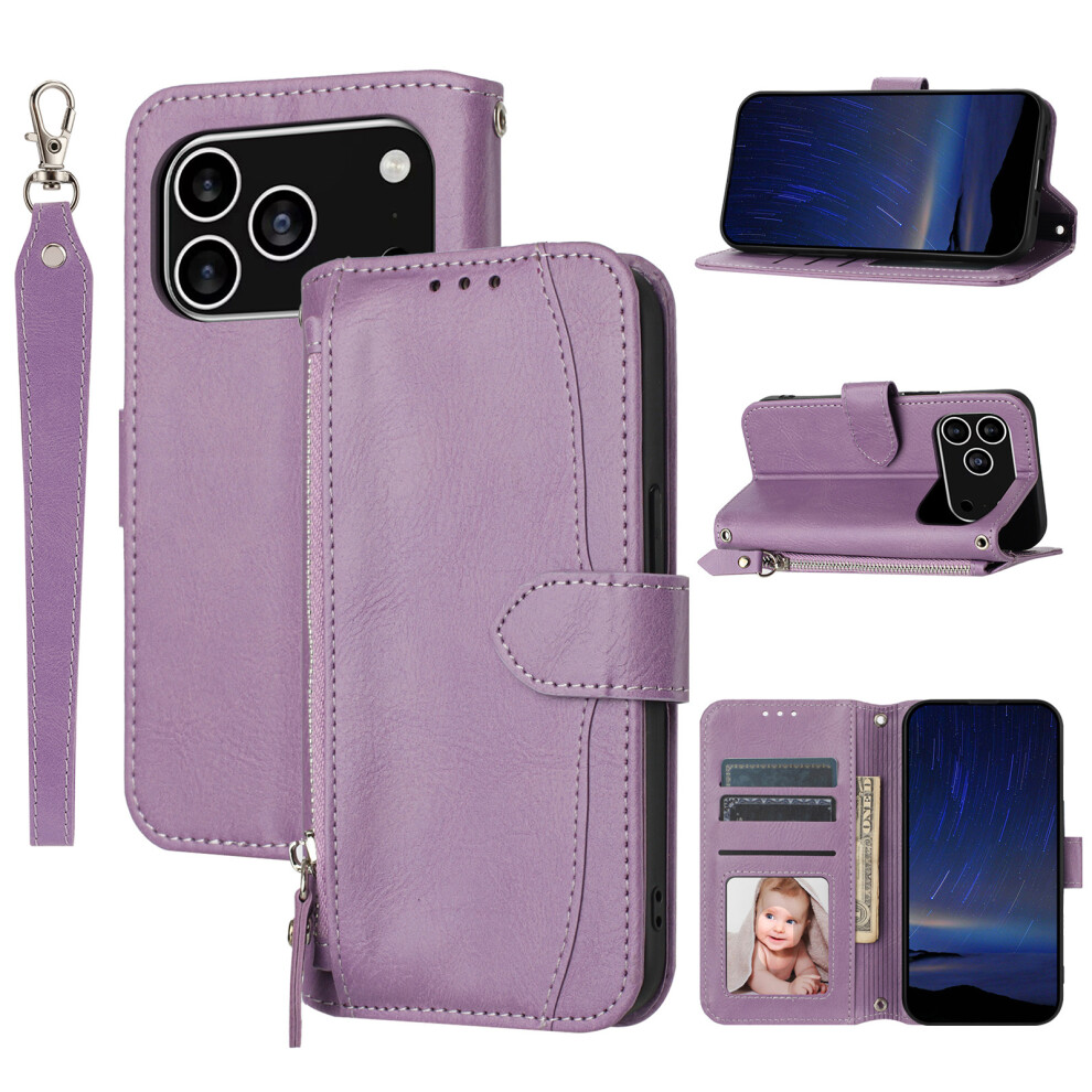 (Iphone 17 Pro, ) For Iphone 17 Pro Case Zipper Pocket Wallet Leather Phone Cover With Wrist Strap Purple 6914287900134