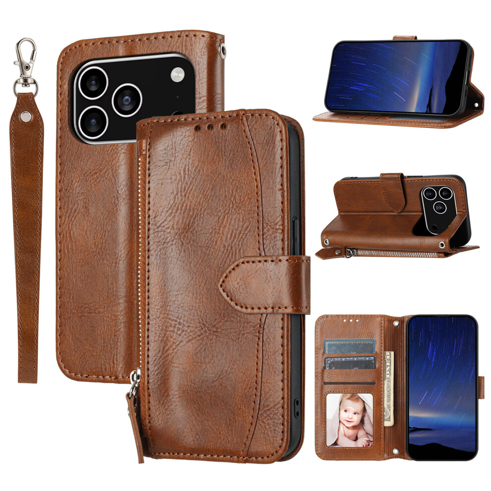 (Iphone 17 Pro, ) For Iphone 17 Pro Case Zipper Pocket Wallet Leather Phone Cover With Wrist Strap Brown 6914289851984