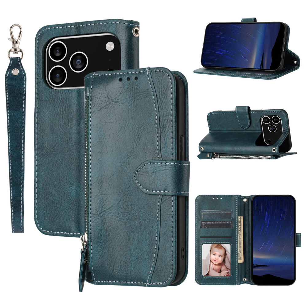 (Iphone 17 Pro, Blackish ) For Iphone 17 Pro Case Zipper Pocket Wallet Leather Phone Cover With Wrist Strap Green 6914284341039