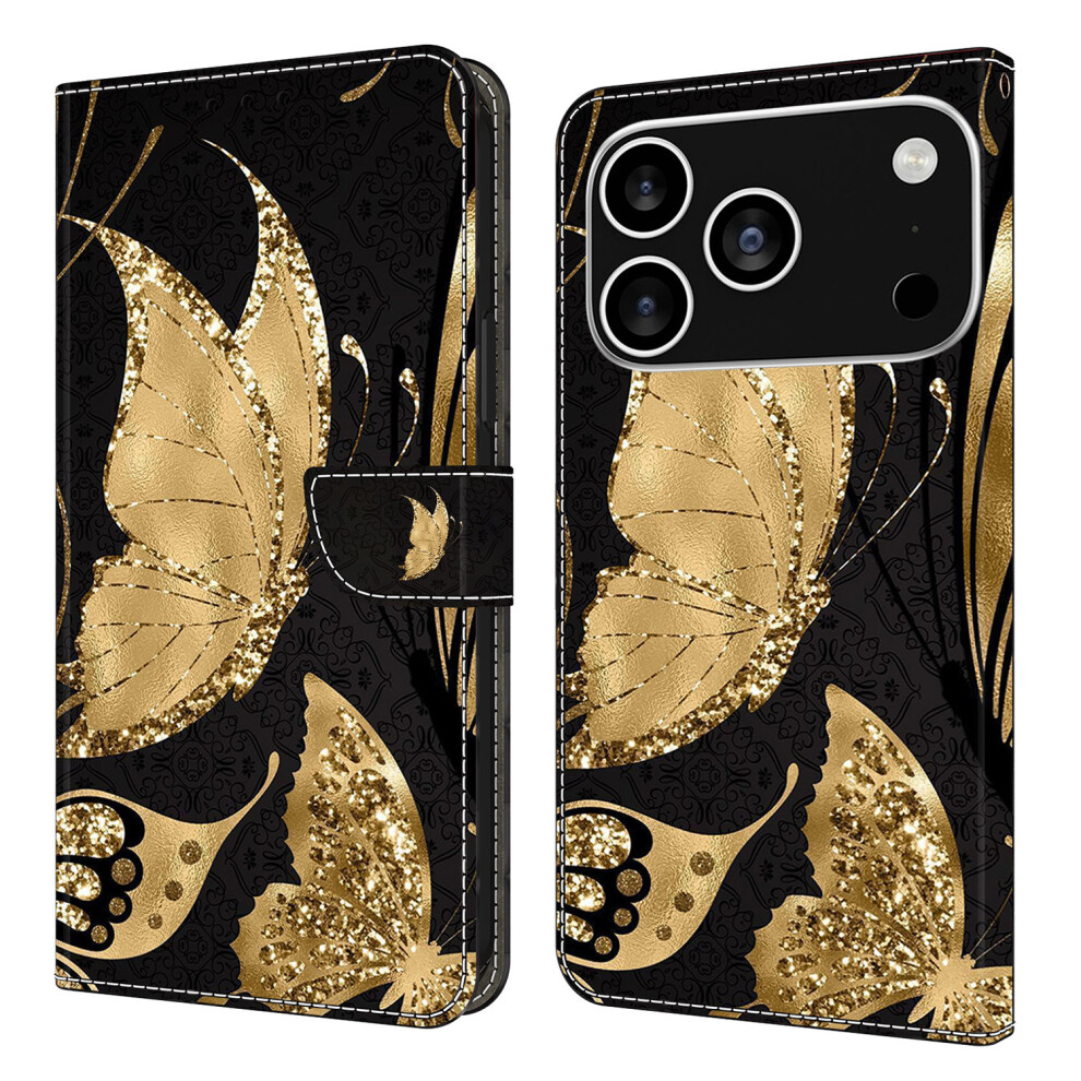 (Iphone 17 Pro, Butterfly) For Iphone 17 Pro Case Magnetic Clasp 3D Pattern Leather Wallet Phone Cover Golden 6914281213070