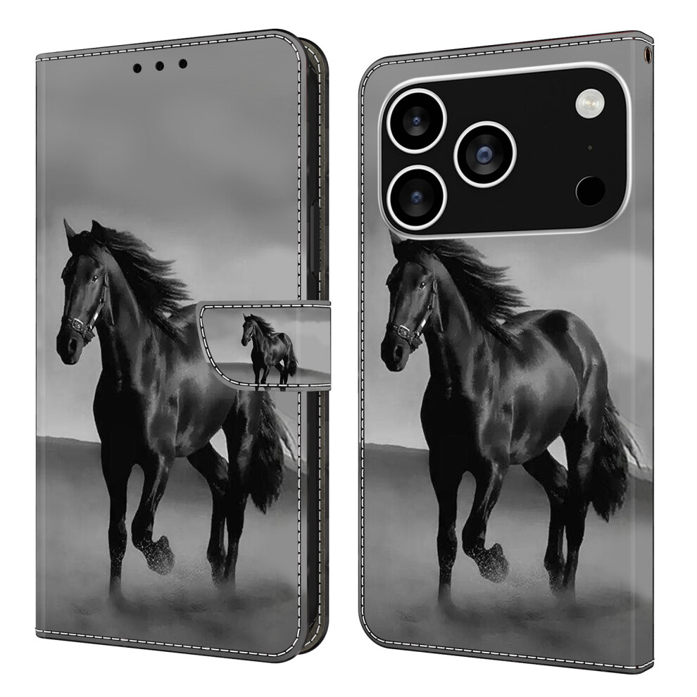 (Iphone 17 Pro, Horse) For Iphone 17 Pro Case Magnetic Clasp 3D Pattern Leather Wallet Phone Cover Black 6914286548238
