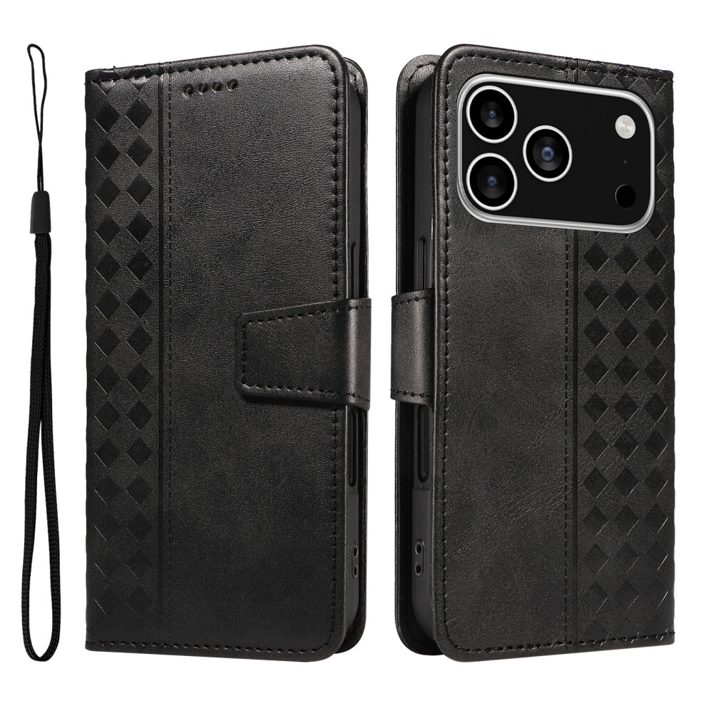 (Iphone 17 Pro, ) For Iphone 17 Pro Leather Case Wallet Stand Grids Imprinted Phone Cover With Strap Black 6914283518302