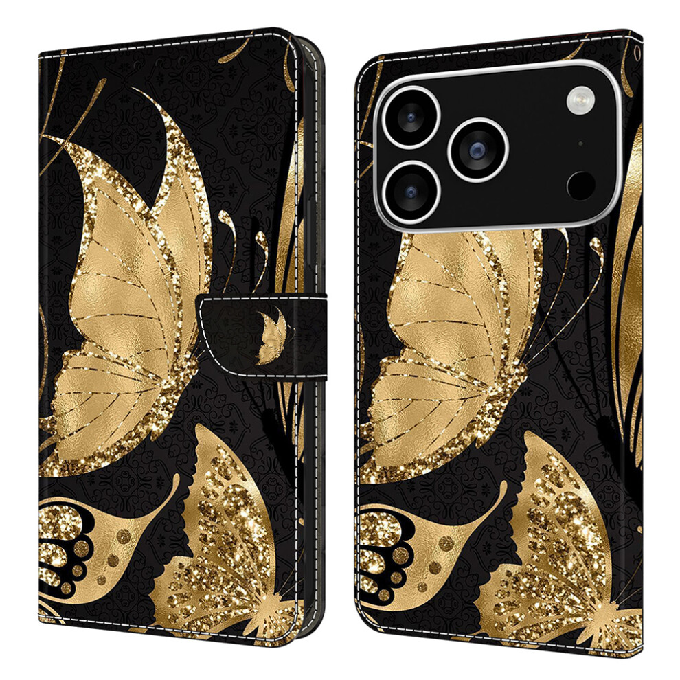 (Iphone 17 Pro Max, Butterfly) For Iphone 17 Pro Max Case Magnetic Clasp 3D Pattern Leather Wallet Phone Cover Golden 6914284593377