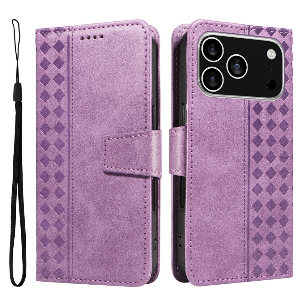 (Iphone 17 Pro, Light ) For Iphone 17 Pro Leather Case Wallet Stand Grids Imprinted Phone Cover With Strap Purple 6914283449101