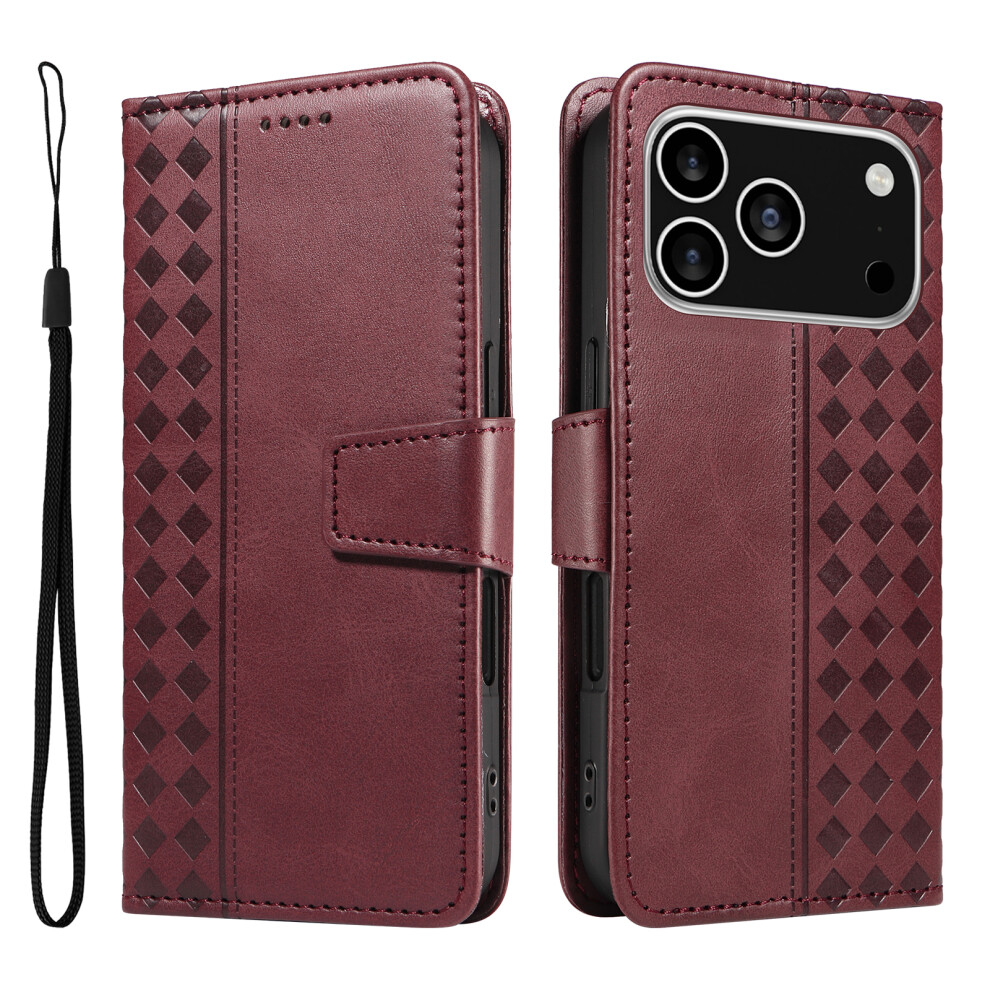 (Iphone 17 Pro, Wine ) For Iphone 17 Pro Leather Case Wallet Stand Grids Imprinted Phone Cover With Strap Red 6914282333487