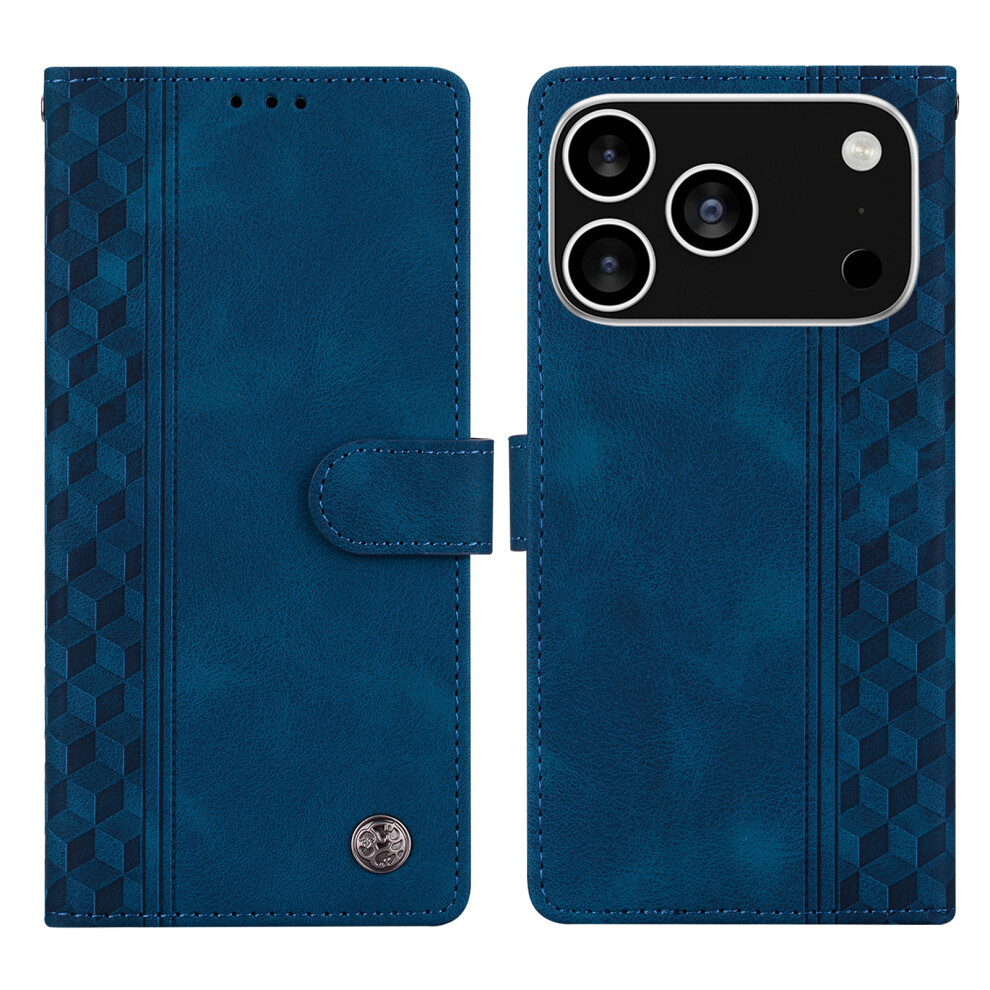 (Iphone 17 Pro, ) For Iphone 17 Pro Leather Case Imprinted Checkered Pattern Wallet Stand Flip Phone Cover Blue 6914288698948