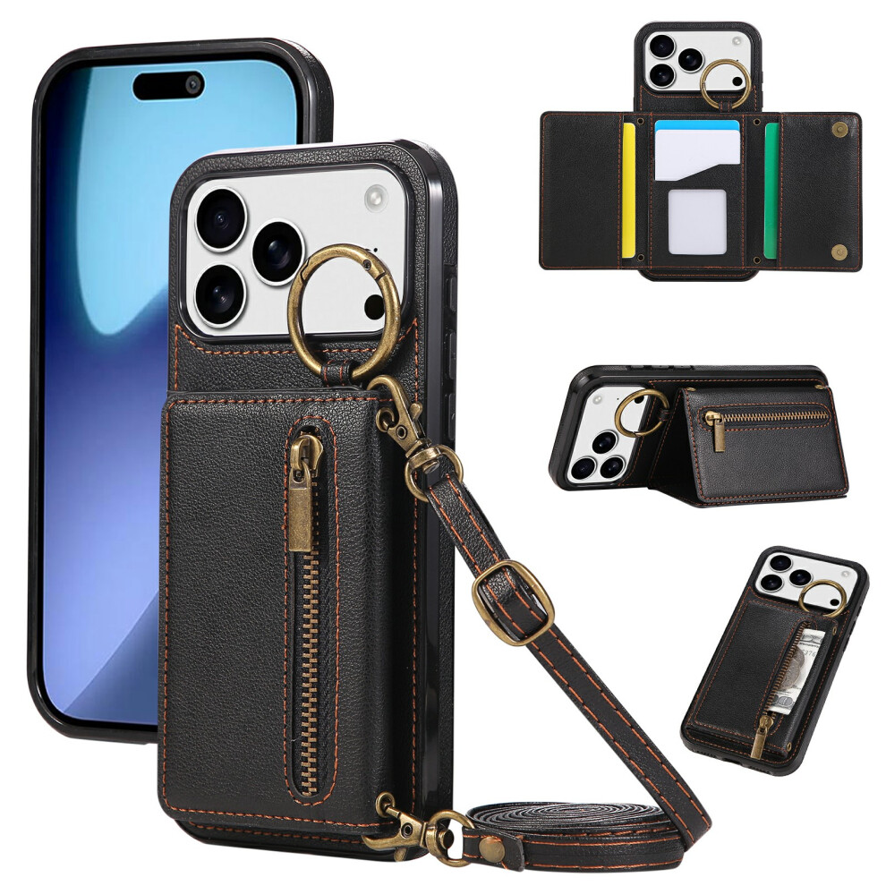 (Iphone 17 Pro, ) For Iphone 17 Pro Leather Back Cover Zipper Wallet Kickstand Phone Case With Shoulder Strap Black 6914281375334