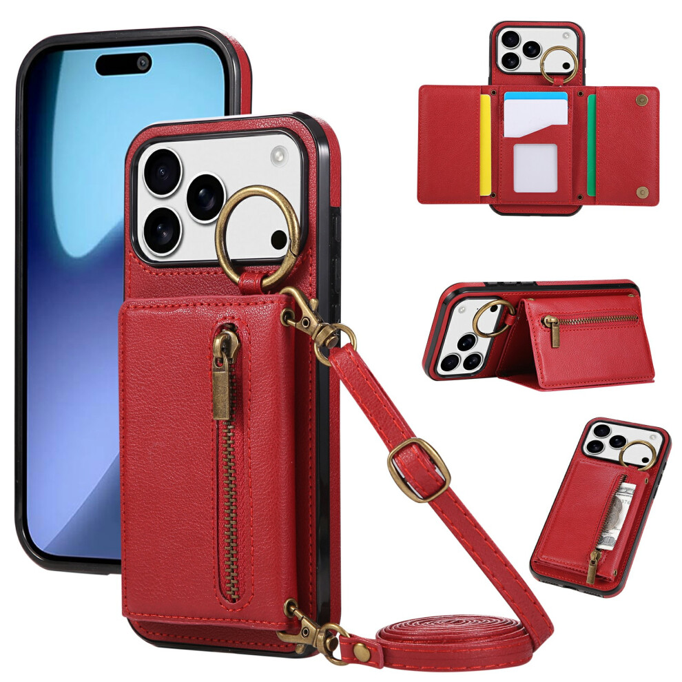 (Iphone 17 Pro Max, ) For Iphone 17 Pro Max Leather Back Cover Zipper Wallet Kickstand Phone Case With Shoulder Strap Red 6914287231221