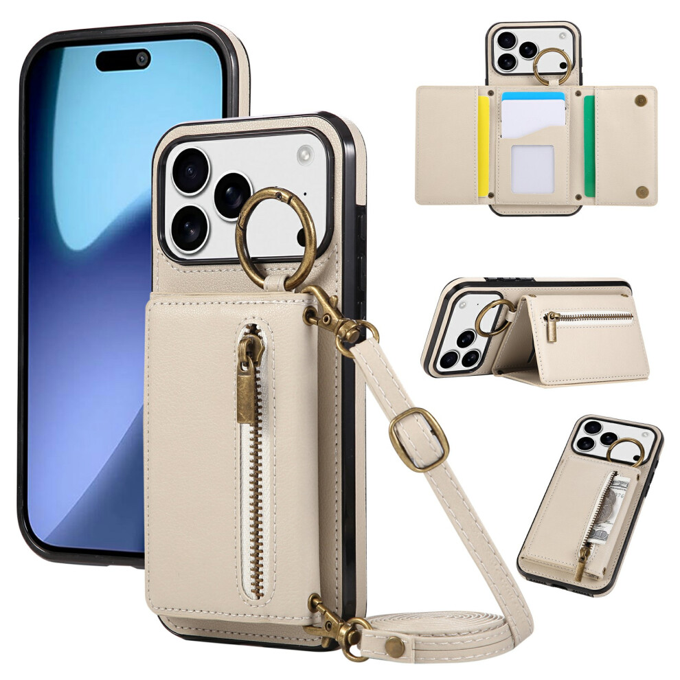 (Iphone 17 Pro, Beige) For Iphone 17 Pro Leather Back Cover Zipper Wallet Kickstand Phone Case With Shoulder Strap Cream 6914284842437