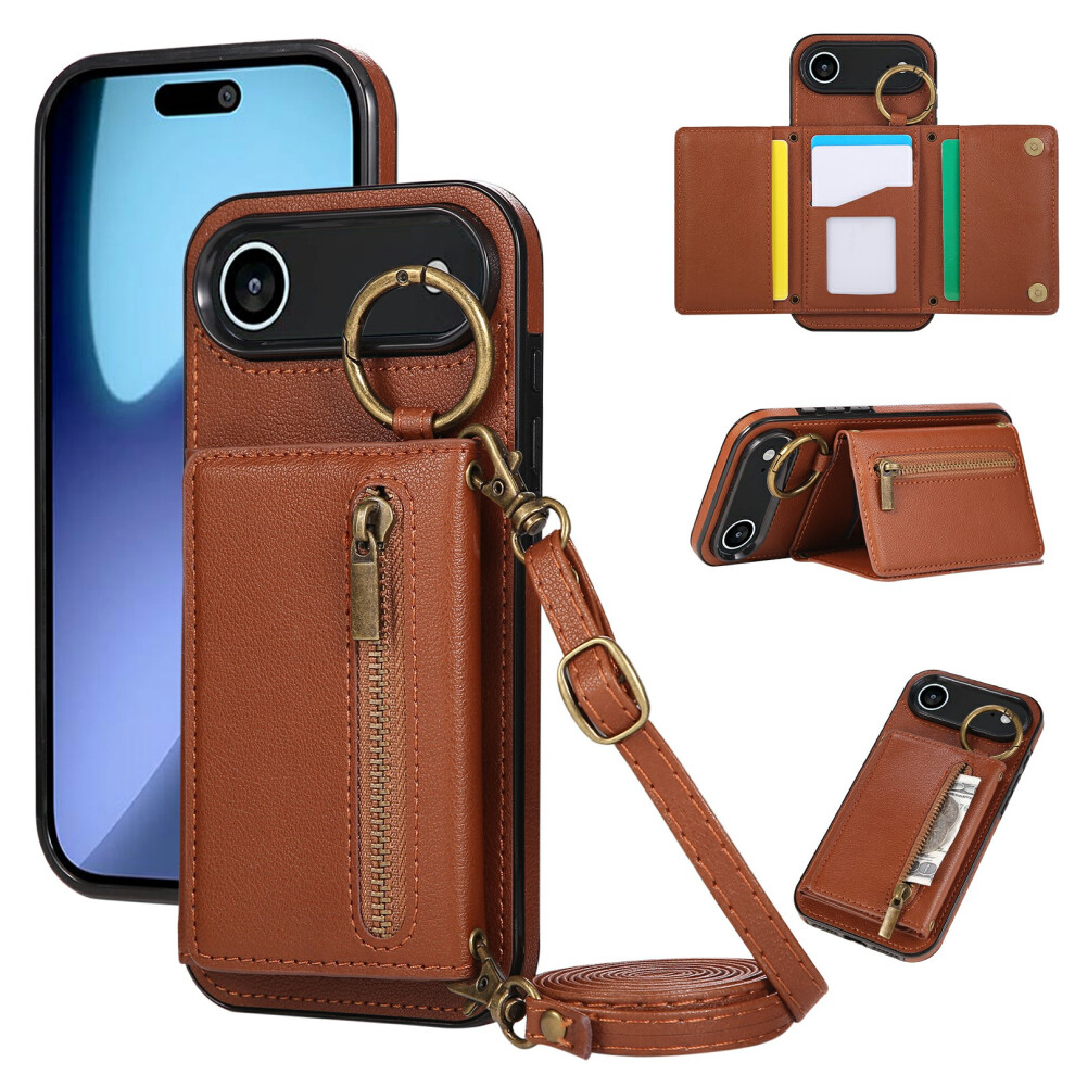 (Iphone Air, ) For Iphone Air Leather Back Cover Zipper Wallet Kickstand Phone Case With Shoulder Strap Brown 6914283762637