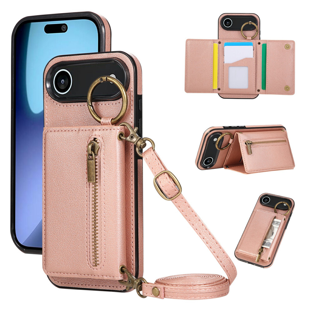 (Iphone Air, ) For Iphone Air Leather Back Cover Zipper Wallet Kickstand Phone Case With Shoulder Strap Pink 6914284221195
