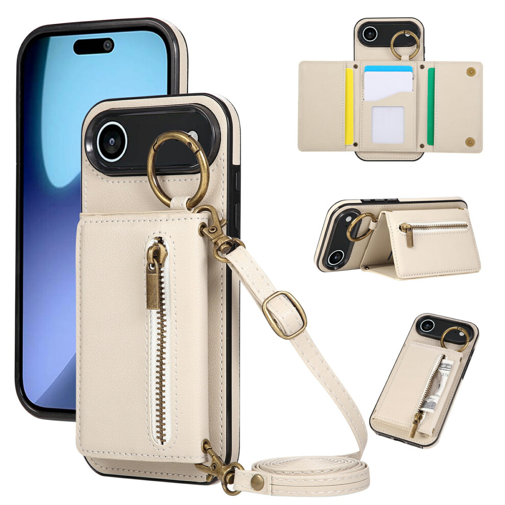 (Iphone Air, Beige) For Iphone Air Leather Back Cover Zipper Wallet Kickstand Phone Case With Shoulder Strap Cream 6914281925645
