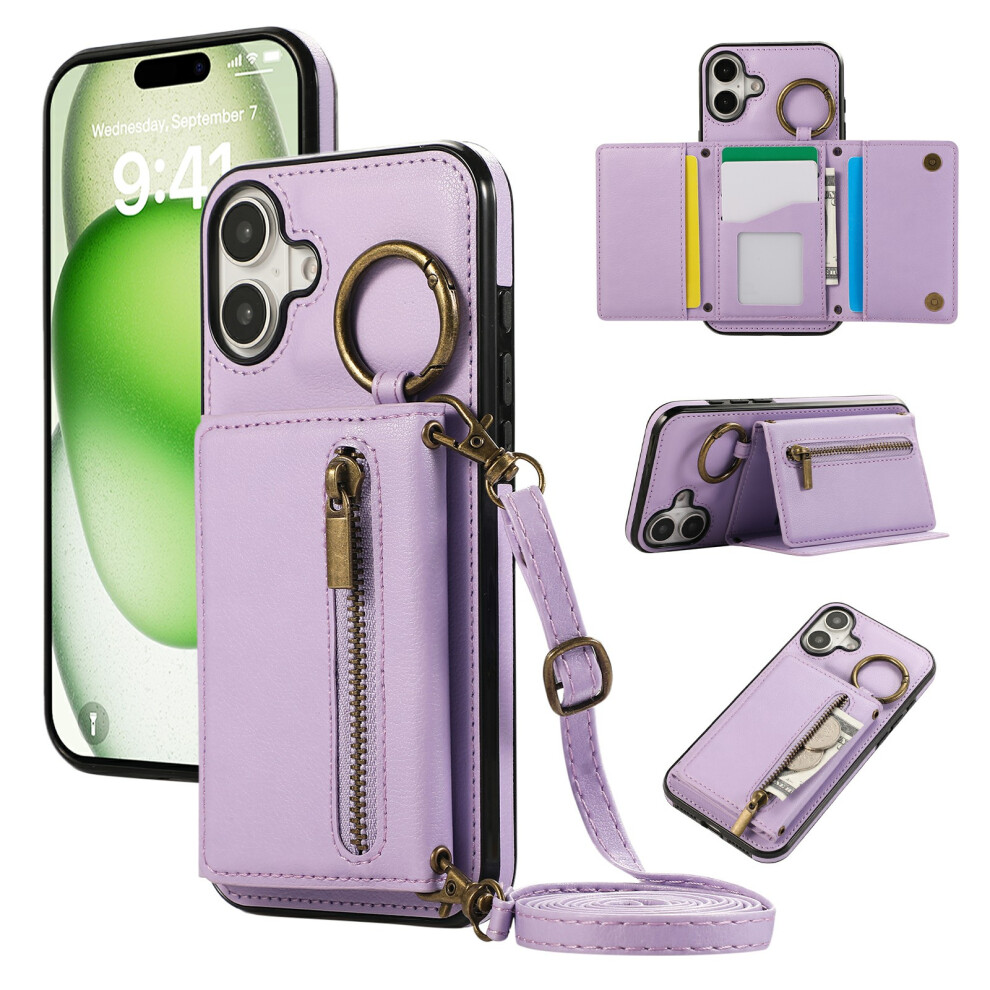 (Iphone 17, ) For Iphone 17 Leather Back Cover Zipper Wallet Kickstand Phone Case With Shoulder Strap Purple 6914281168172