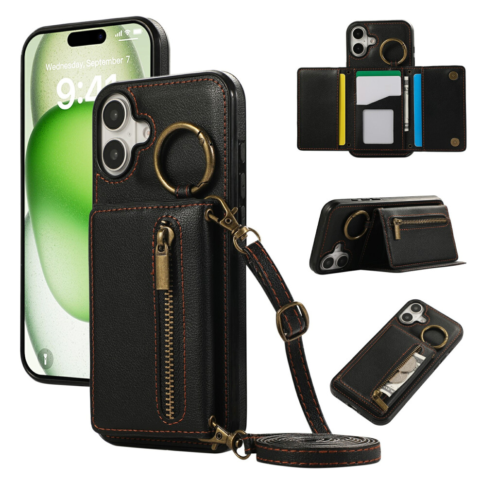 (Iphone 17, ) For Iphone 17 Leather Back Cover Zipper Wallet Kickstand Phone Case With Shoulder Strap Black 6914289302530