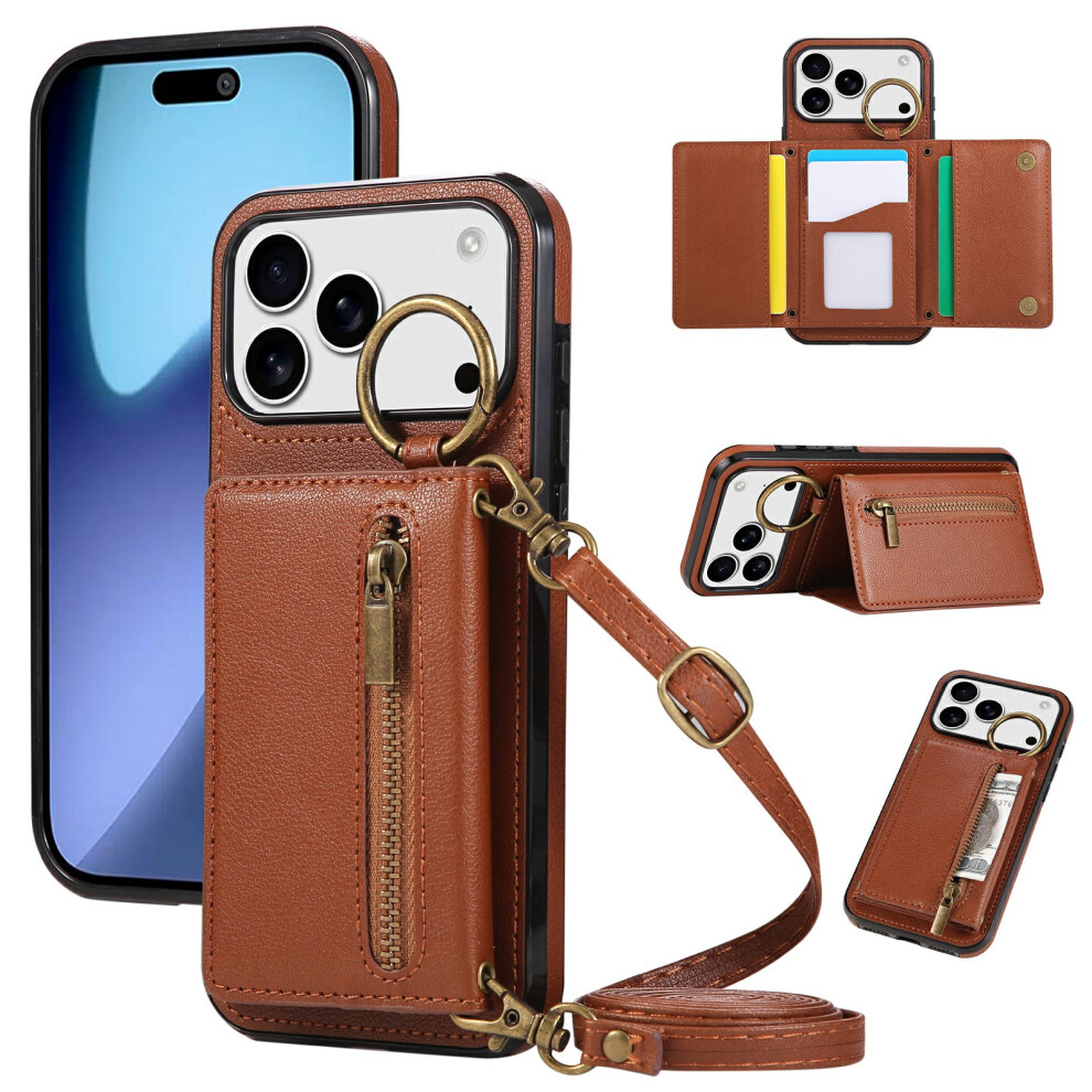 (Iphone 17 Pro Max, ) For Iphone 17 Pro Max Leather Back Cover Zipper Wallet Kickstand Phone Case With Shoulder Strap Brown 6914280994468