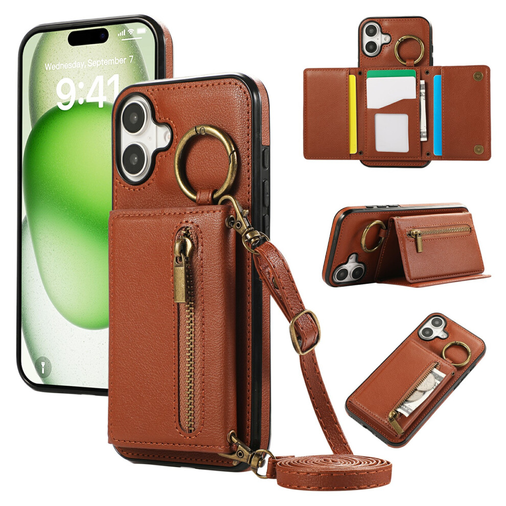 (Iphone 17, ) For Iphone 17 Leather Back Cover Zipper Wallet Kickstand Phone Case With Shoulder Strap Brown 6914281254387