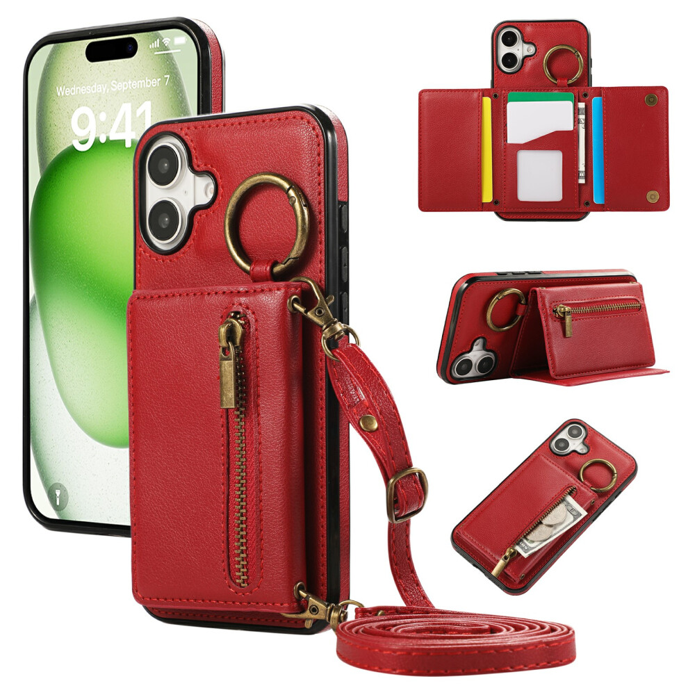 (Iphone 17, ) For Iphone 17 Leather Back Cover Zipper Wallet Kickstand Phone Case With Shoulder Strap Red 6914282890584