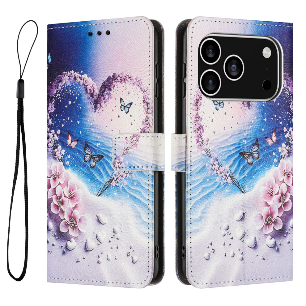 (Iphone 17 Pro, Heart Butterfly) For Iphone 17 Pro Wallet Case Pattern Printing Pu Leather Phone Cover With Lanyard 6914289498301