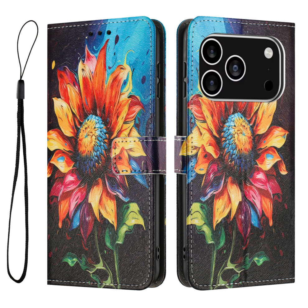 (Iphone 17 Pro, Sunflower) For Iphone 17 Pro Wallet Case Pattern Printing Pu Leather Phone Cover With Lanyard 6914285063749