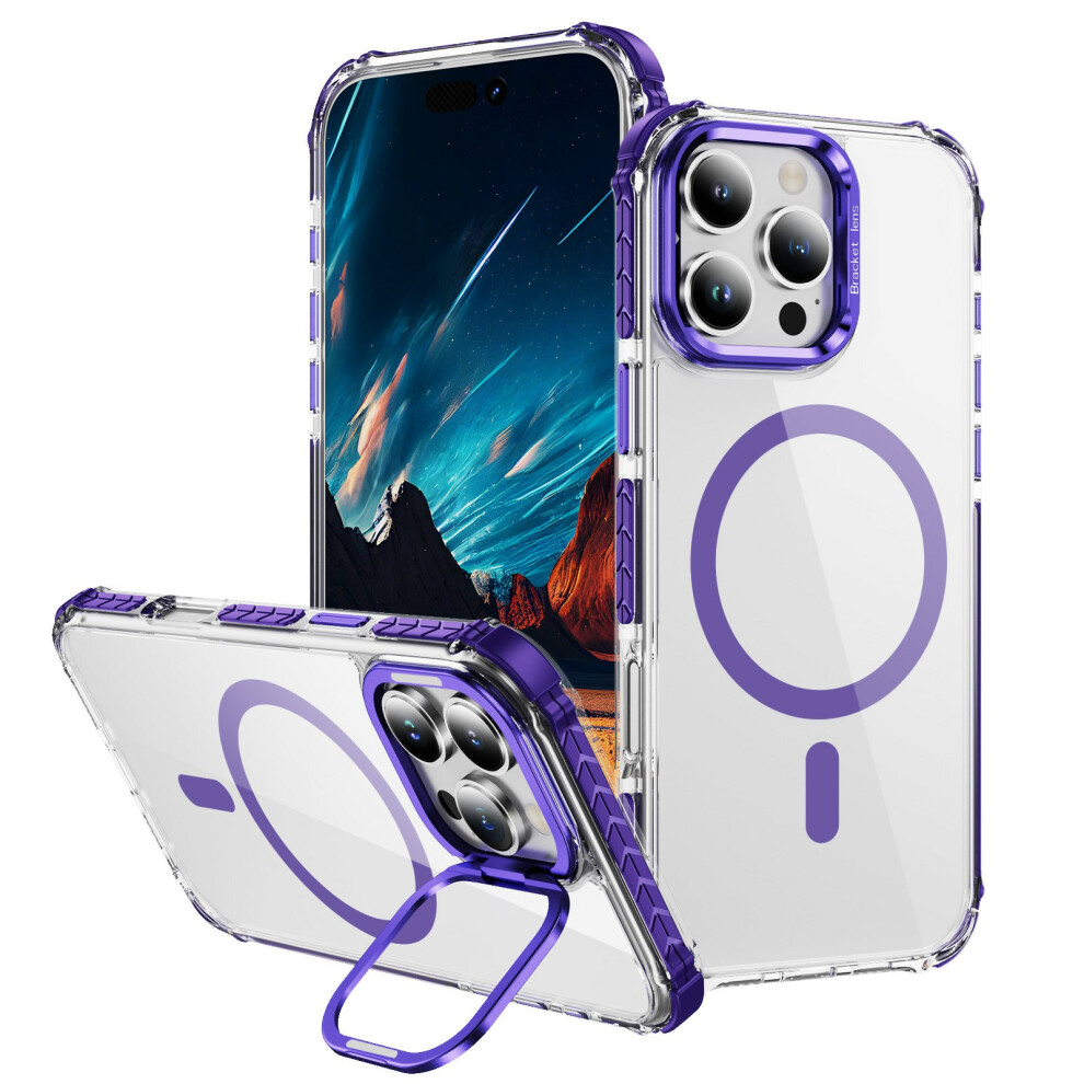 (Iphone 14 Pro Max, ) For Iphone 14 Pro Max Clear Phone Case With Lens Kickstand Cover Compatible With Magsafe Purple 6914289844856