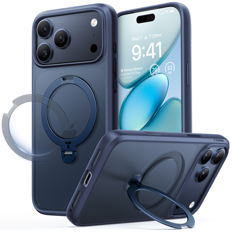 (Iphone 17 Pro Max, Dark ) Torras For Iphone 17 Pro Max Case Magnetic Rotating Kickstand Pc+Tpu Phone Cover Blue 6914289146738