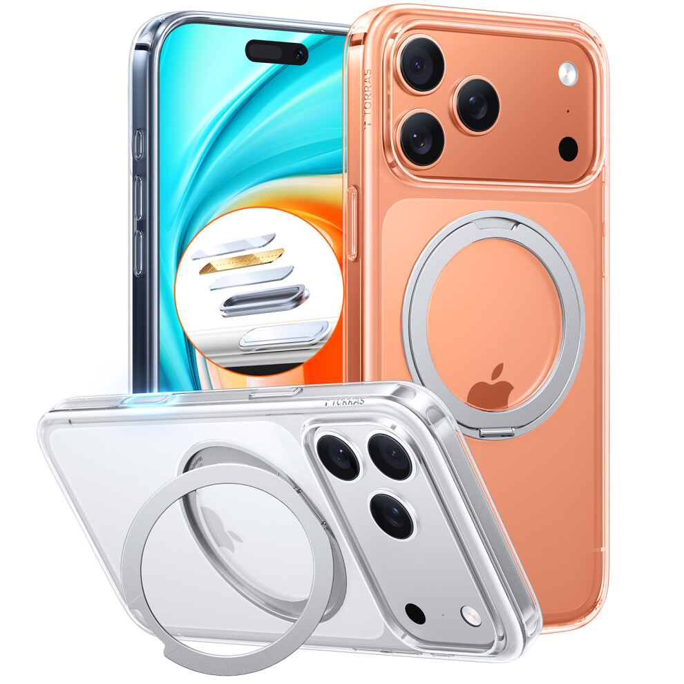 (Iphone 17 Pro, Transparent) Torras Ostand Pro Series Park For Iphone 17 Pro Magnetic Case Rotating Kickstand Tpu+Pc Phone Cover 6914288623353