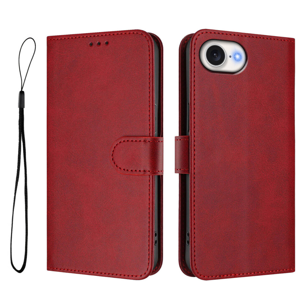 (Iphone 16E, Wine ) For Iphone 16E Wallet Case Rfid Blocking Calf Texture Leather Stand Phone Cover With Strap Red 6914286938220