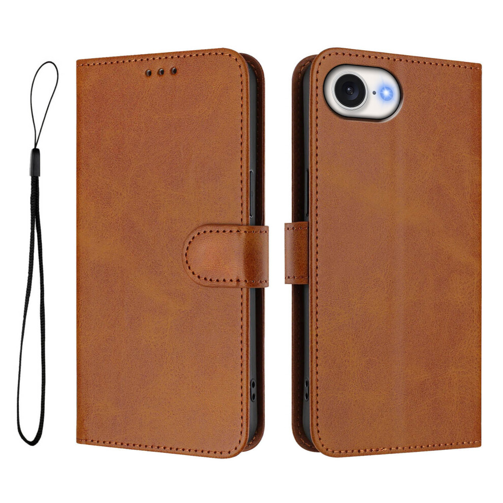(Iphone 16E, ) For Iphone 16E Wallet Case Rfid Blocking Calf Texture Leather Stand Phone Cover With Strap Brown 6914285450006