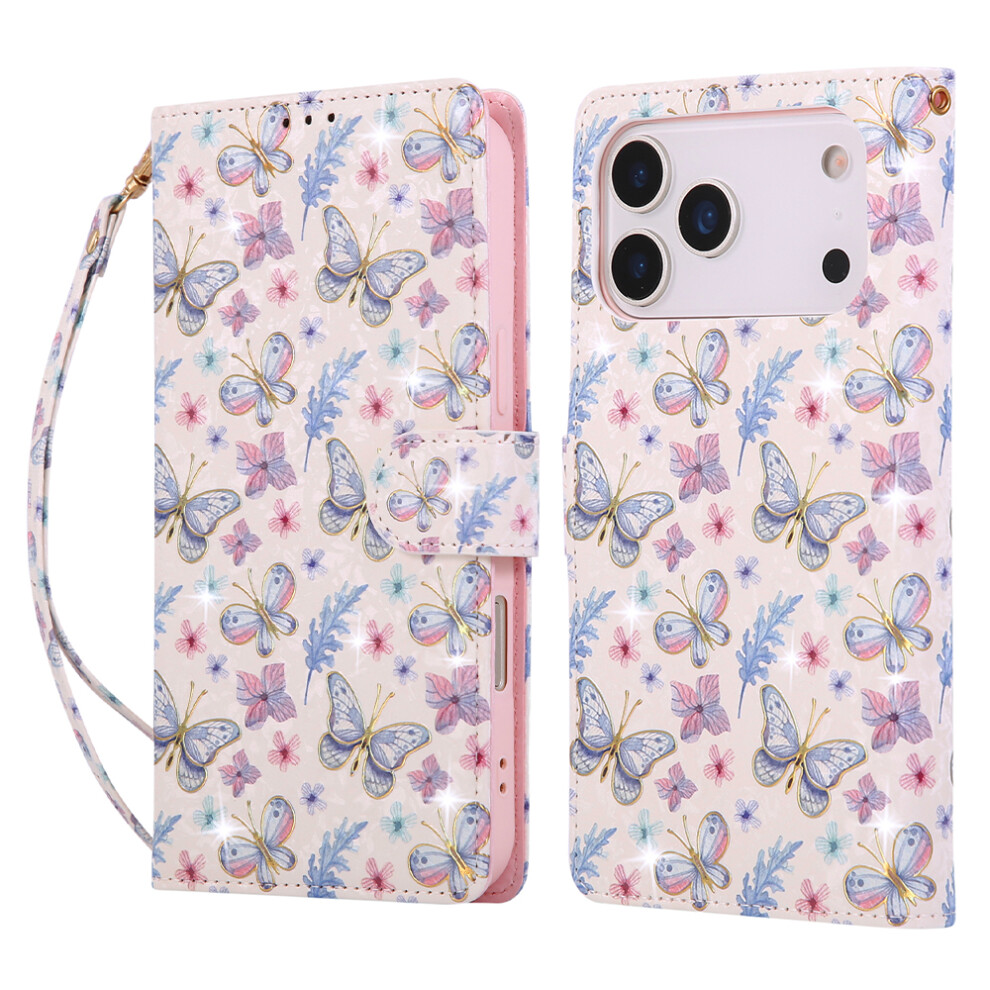 (Iphone 17 Pro Max, Butterfly Flower) For Iphone 17 Pro Max Case Rfid Blocking Flower Leather Phone Cover With Wrist Strap 6914288349673