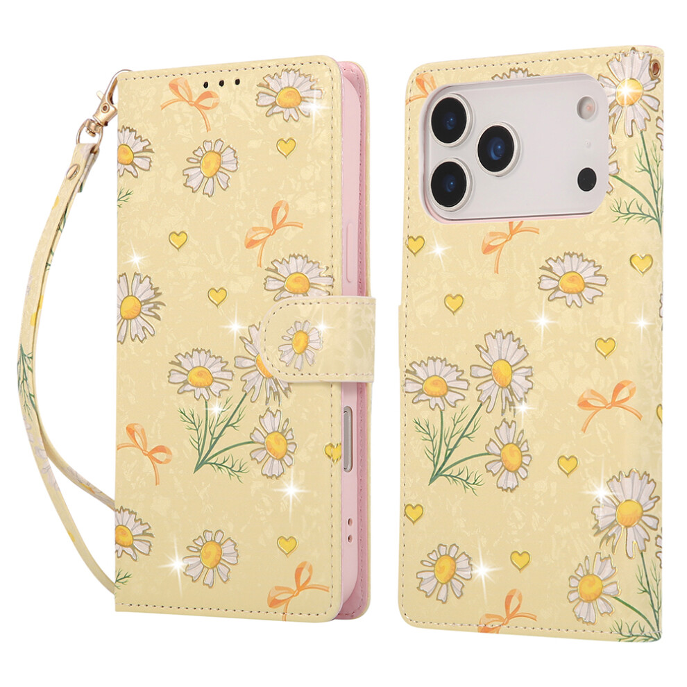 (Iphone 17 Pro, Daisy) For Iphone 17 Pro Case Rfid Blocking Flower Leather Phone Cover With Wrist Strap Yellow 6914283421312