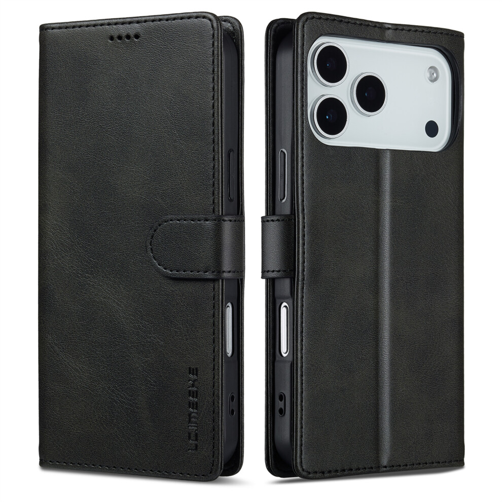 (Iphone 17 Pro, ) Lc.imeeke For Iphone 17 Pro Case Calf Texture Pu Leather Stand Wallet Phone Cover Black 6914286189066
