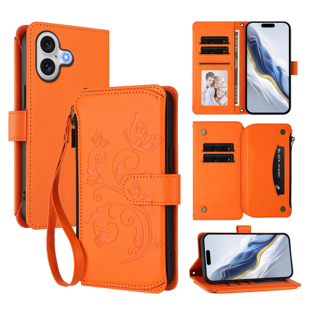 (Iphone 17, ) For Iphone 17 Leather Case Butterfly Floral Imprint Zipper Wallet Stand Cover With Wrist Strap Orange 6914283672097