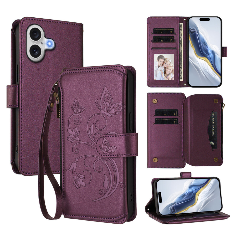 (Iphone 17, ) For Iphone 17 Leather Case Butterfly Floral Imprint Zipper Wallet Stand Cover With Wrist Strap Purple 6914288286886