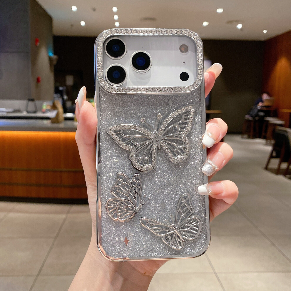 (Iphone 17 Pro, ) For Iphone 17 Pro Case Rhinestone Butterfly Decor Tpu Phone Back Cover Silver 6914281368329