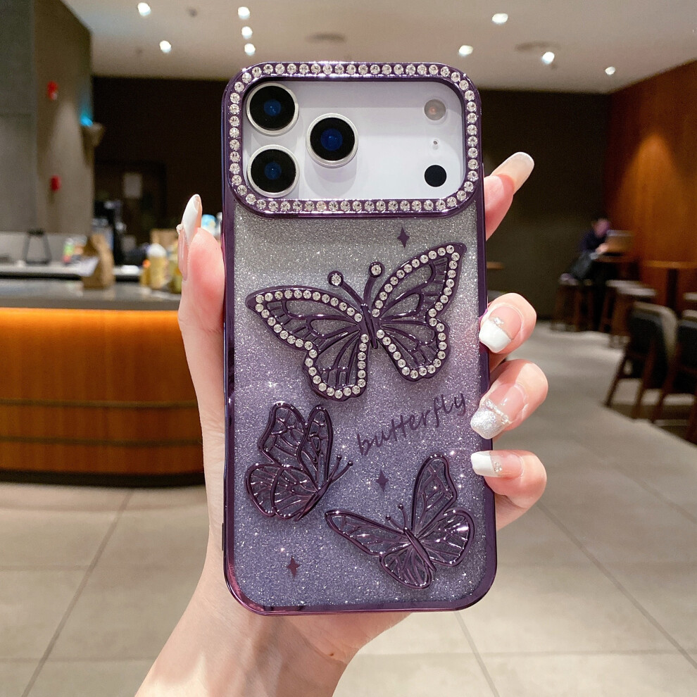 (Iphone 17 Pro, ) For Iphone 17 Pro Case Rhinestone Butterfly Decor Tpu Phone Back Cover Purple 6914287130838