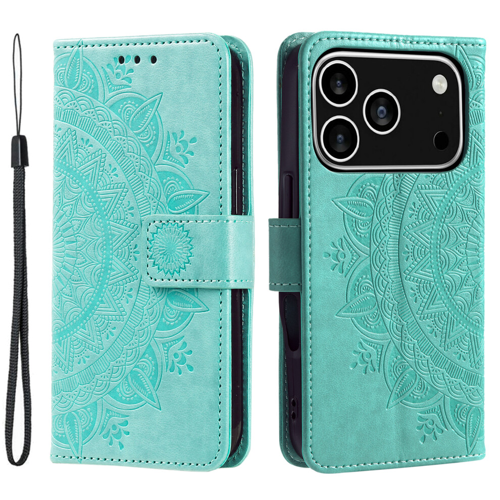 (Iphone 17 Pro, Mint ) For Iphone 17 Pro Stand Case Imprinted Totem Pu Leather Wallet Phone Cover With Wrist Strap Green 6914280561523