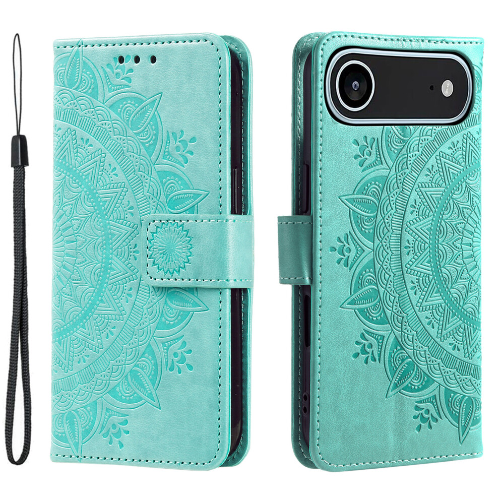 (Iphone Air, Mint ) For Iphone Air Stand Case Imprinted Totem Pu Leather Wallet Phone Cover With Wrist Strap Green 6914286101426