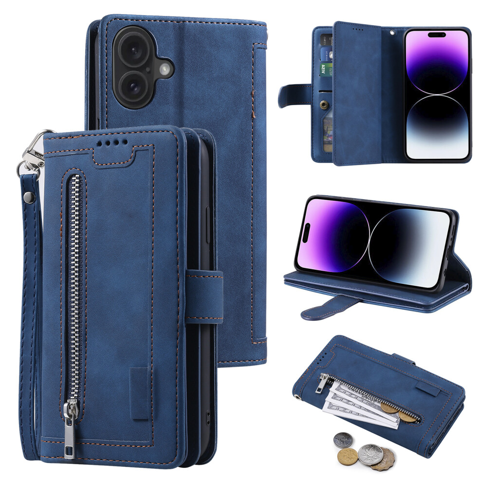 (Iphone 17, ) For Iphone 17 Case 9 Card Slots Zipper Wallet Pu Leather Phone Cover With Wrist Strap Blue 6914280735474