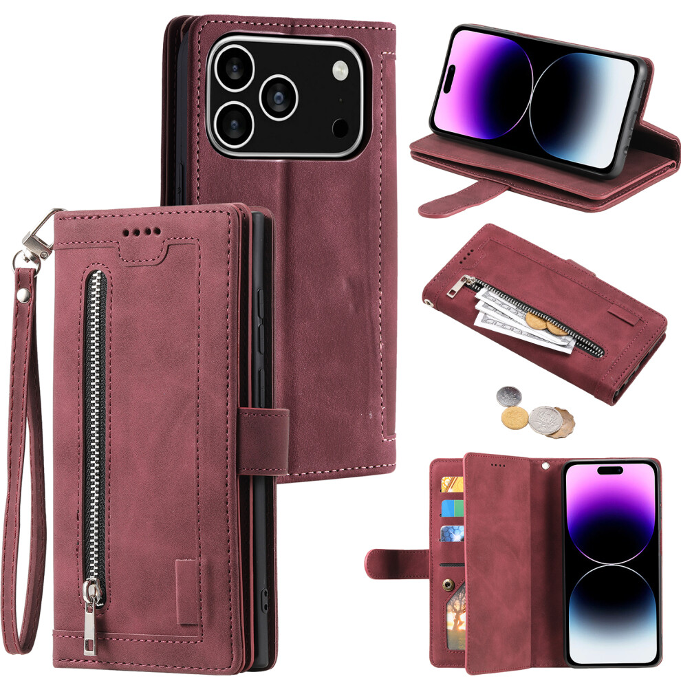 (Iphone 17 Pro, Wine ) For Iphone 17 Pro Case 9 Card Slots Zipper Wallet Pu Leather Phone Cover With Wrist Strap Red 6914288227216