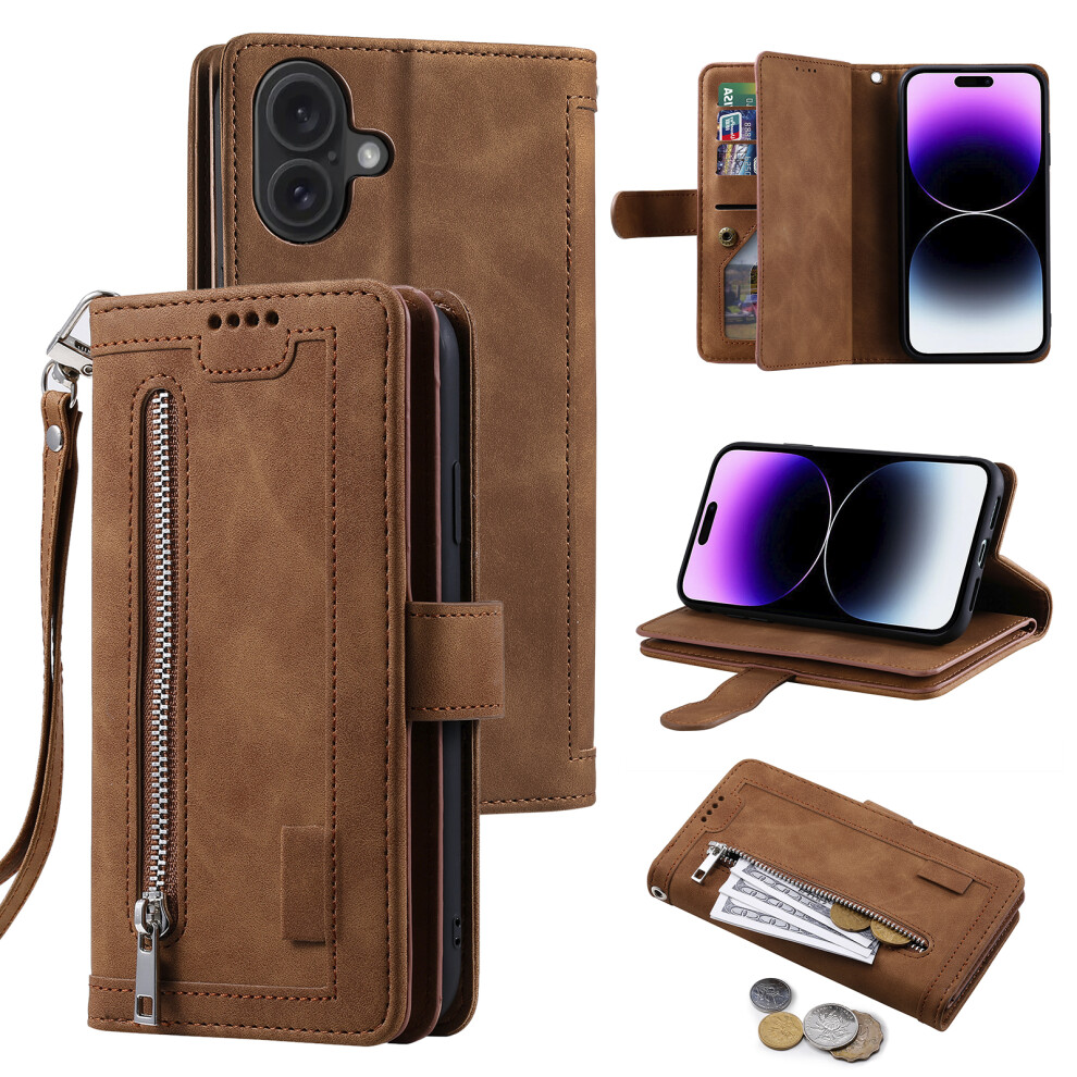 (Iphone 17, ) For Iphone 17 Case 9 Card Slots Zipper Wallet Pu Leather Phone Cover With Wrist Strap Brown 6914285851889