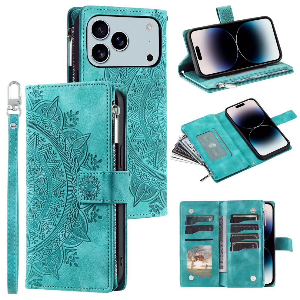 (Iphone 17 Pro Max, Mint ) For Iphone 17 Pro Max Wallet Case Mandala Flower Pattern Pu Leather Phone Cover With Wrist Strap Green 6914285926709