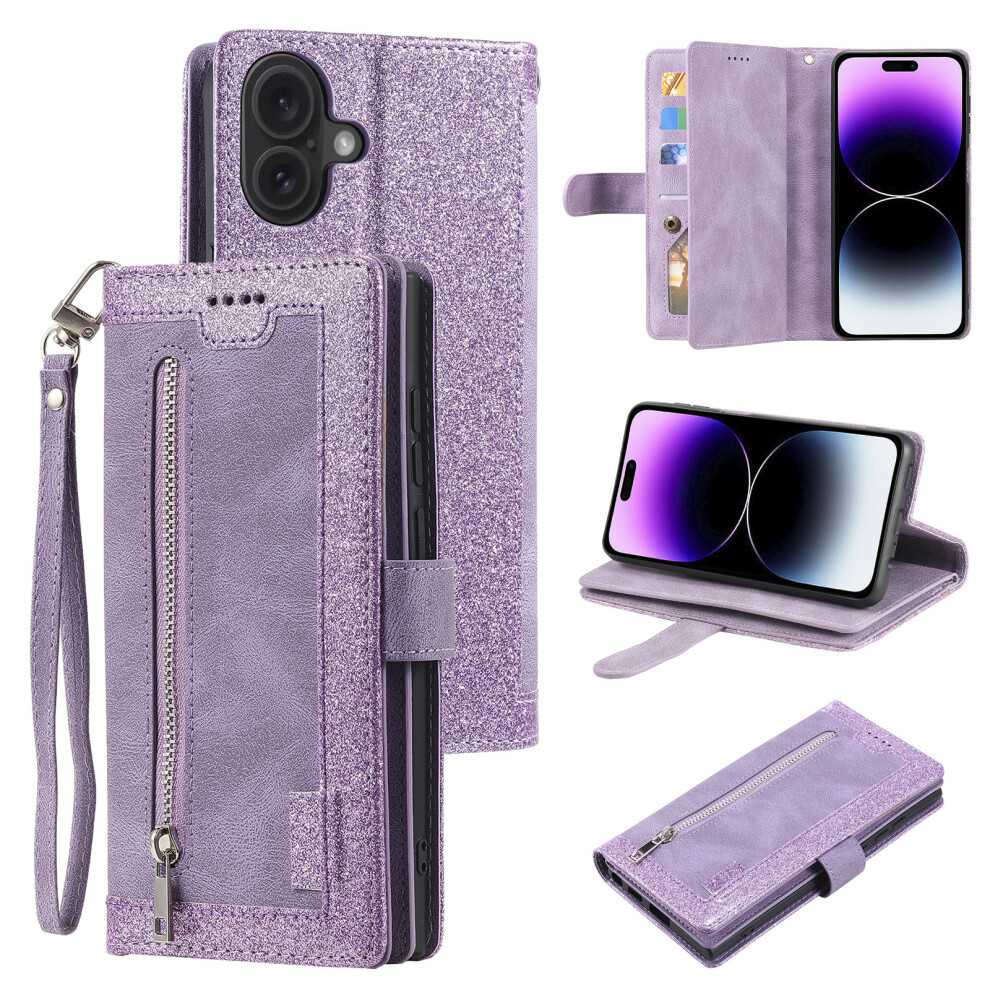 (Iphone 17, ) For Iphone 17 Case 9 Card Slots Zipper Wallet Pu Leather Phone Cover With Wrist Strap Purple 6914288904919