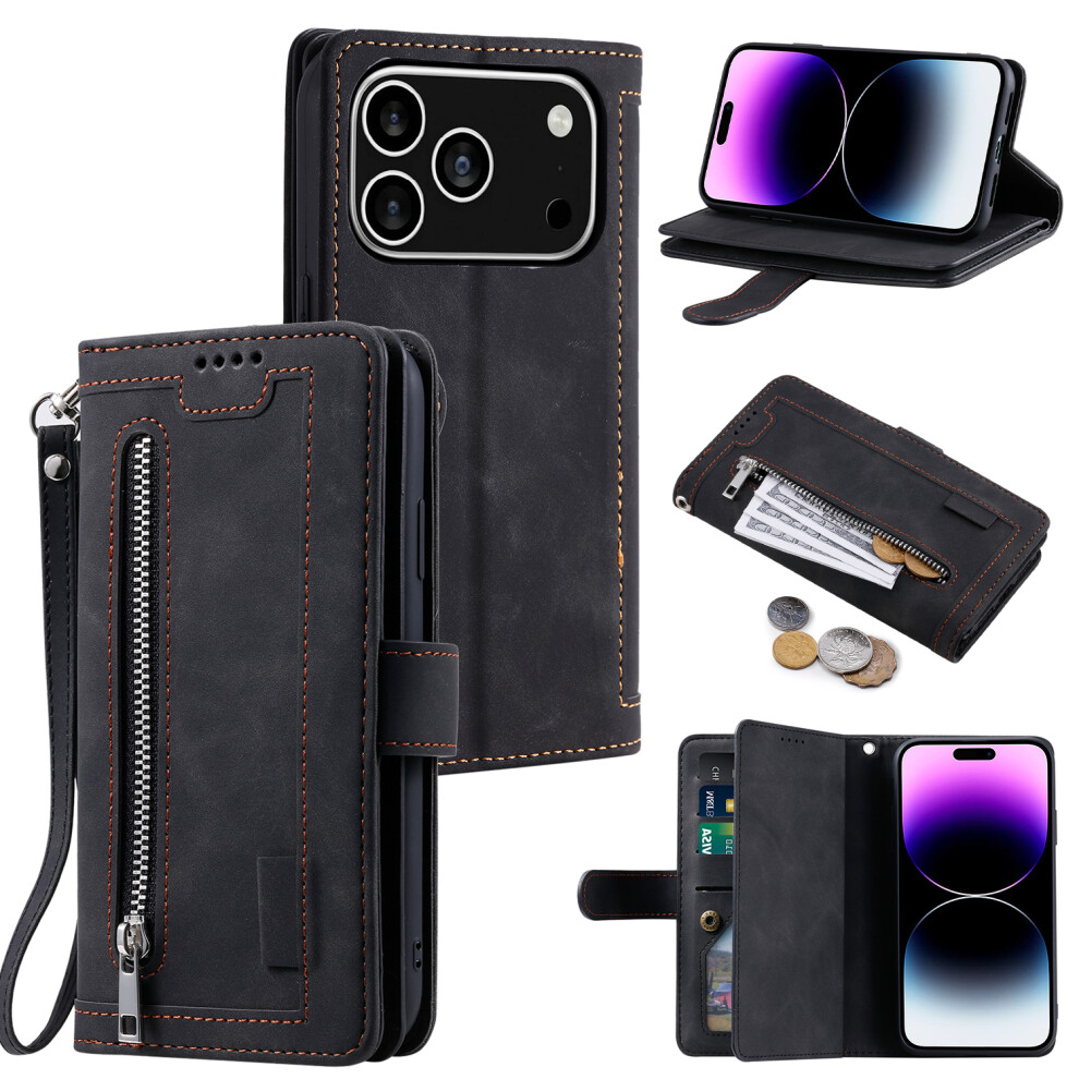(Iphone 17 Pro, ) For Iphone 17 Pro Case 9 Card Slots Zipper Wallet Pu Leather Phone Cover With Wrist Strap Black 6914283767113